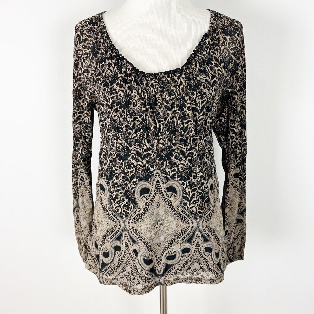 Y2K Liz Wear Long Sleeve Babydoll Top Mesh Boho Paisley Floral Size Small Women'